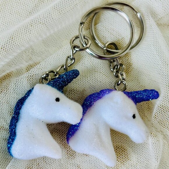 Set of TWO Colorful Blue & Purple Glittery Unicorn charm Keychains - Picture 4 of 4